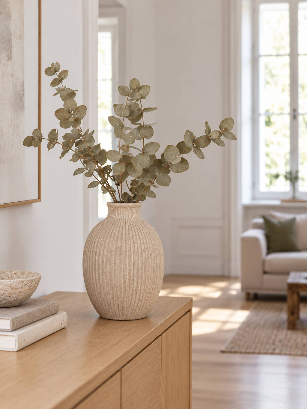 Keramikvase Rill mit Rillenstruktur, Sand - Produktansicht ohne Model