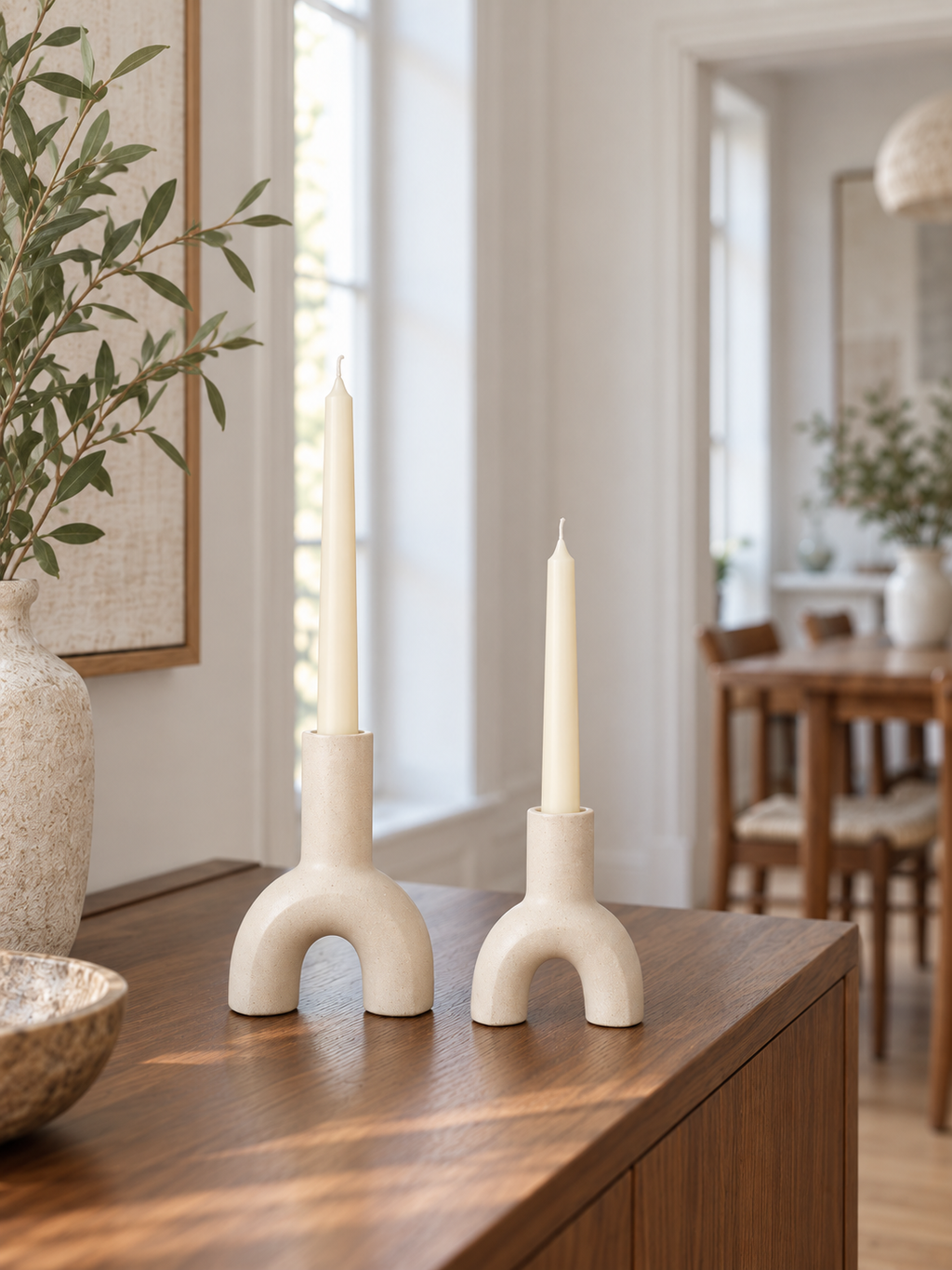 Kerzenhalter Arco aus Keramik, 2er-Set, Off-White - Beide Kerzenhalter nebeneinander