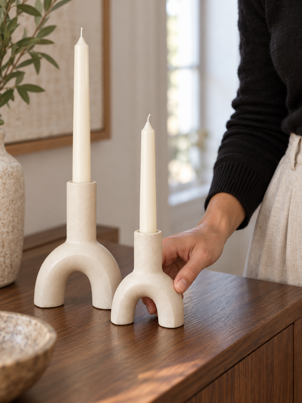 Kerzenhalter Arco aus Keramik, 2er-Set, Off-White - Detailaufnahme