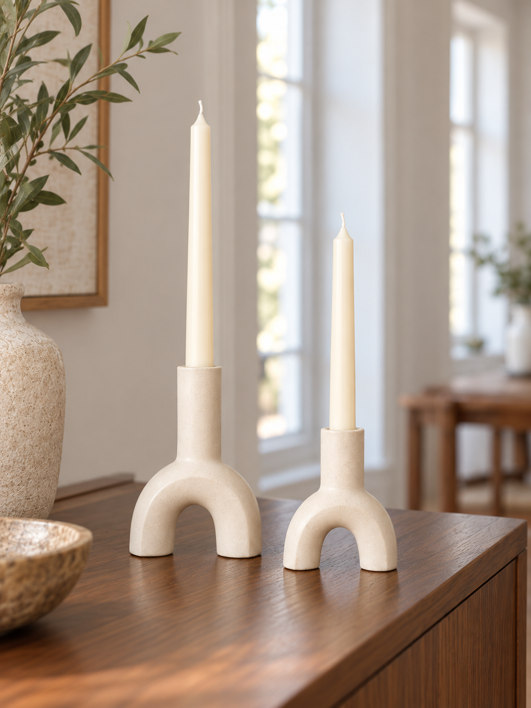 Kerzenhalter Arco aus Keramik, 2er-Set, Off-White - Frontansicht