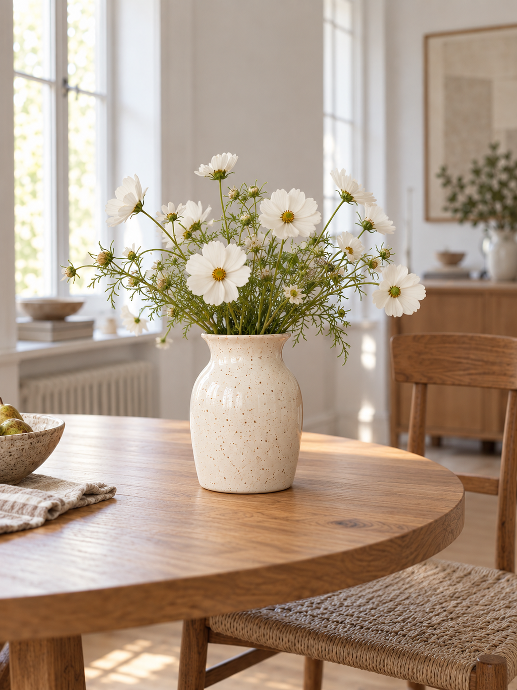 Krugvase Lora aus Steinzeug, Creme gesprenkelt - Seitenansicht mit Henkel