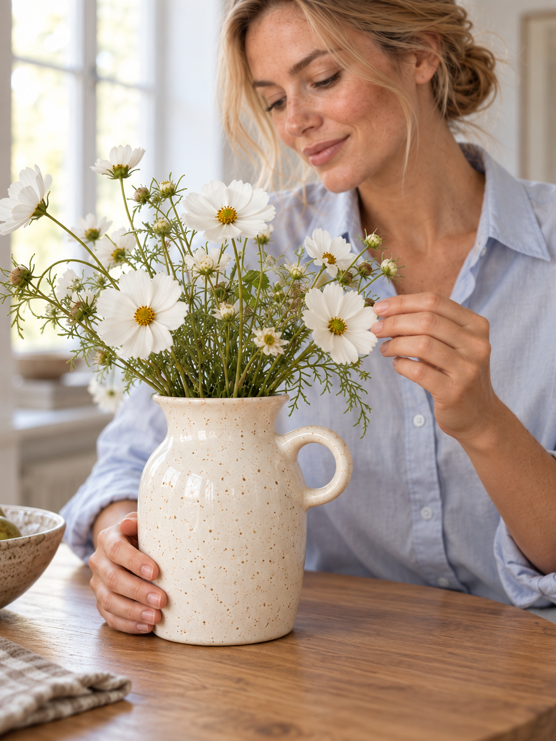 Krugvase Lora aus Steinzeug, Creme gesprenkelt - Detailaufnahme