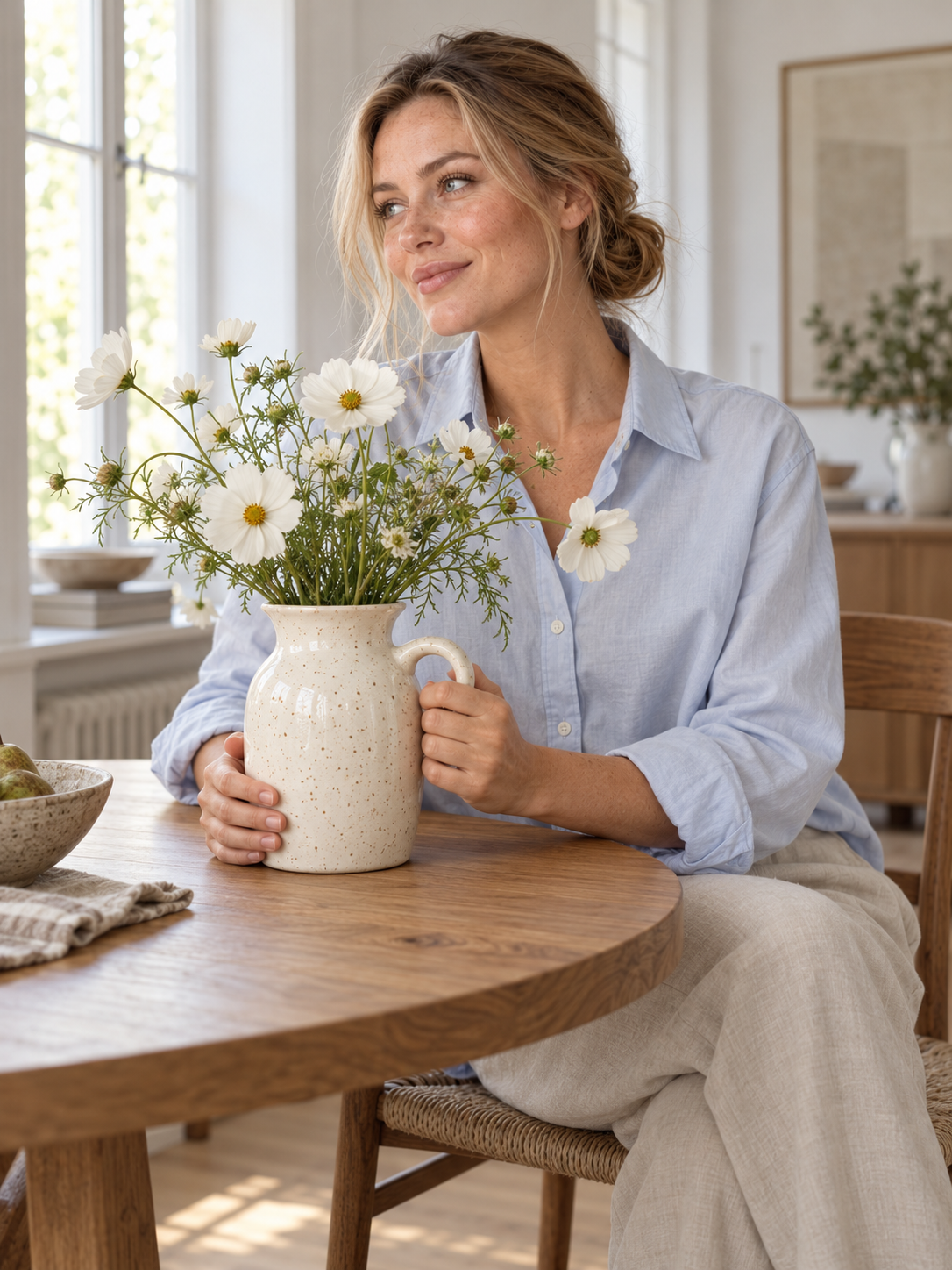 Krugvase Lora aus Steinzeug, Creme gesprenkelt - Ansicht im Raum